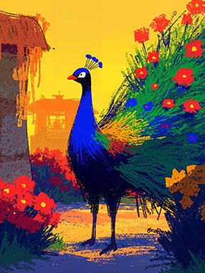 Wadi Home vibrant peacock wall art with colorful flowers and greenery, featuring blues, greens, and reds.