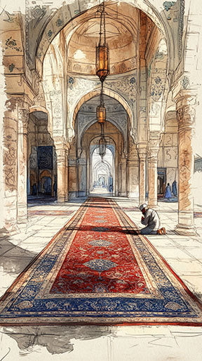 Wadi Home Islamic Mosque Hallway Art Print: Watercolor of mosque interior with arches, lanterns, and red carpet runner. A person prays in the distance.