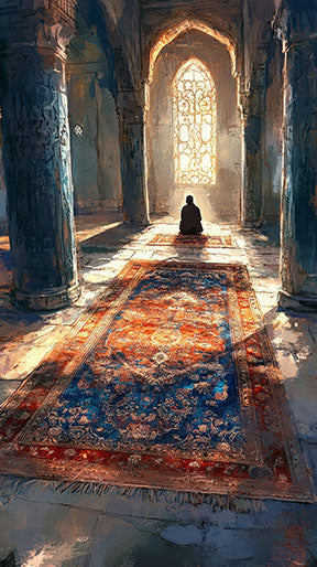 Wadi Home Majestic Prayer Hall wall art depicts a lone figure in contemplation on an ornate carpet in a sunlit hall with arched windows.