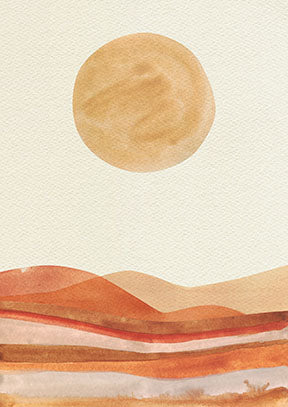 Wadi Home abstract desert landscape wall art with warm earthy tones and minimalist design, featuring rolling dunes and a sun.