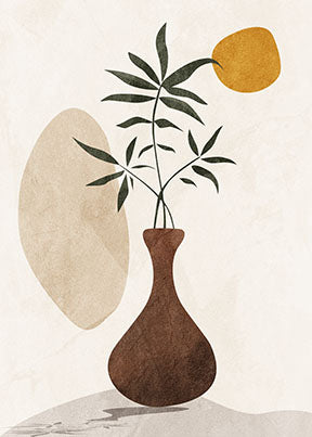 Wadi Home abstract botanical vase wall art with brown vase and green foliage on textured neutral background.