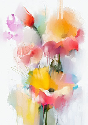 Wadi Home abstract floral watercolor wall art with vibrant pinks, yellows, and oranges. Modern floral print.