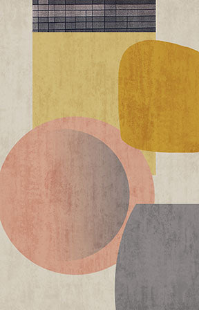 Wadi Home abstract geometric wall art with blush pink, mustard yellow, and grey shapes. Modern art for living rooms.