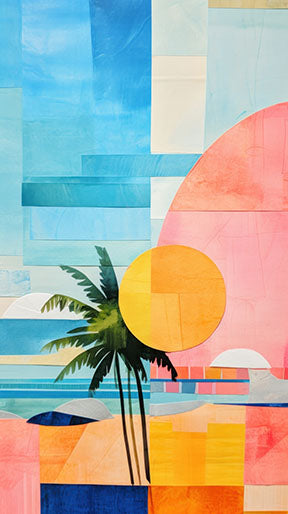 Wadi Home abstract tropical beach landscape wall art with palm trees, sun, and geometric shapes in blue, pink, orange, and yellow.