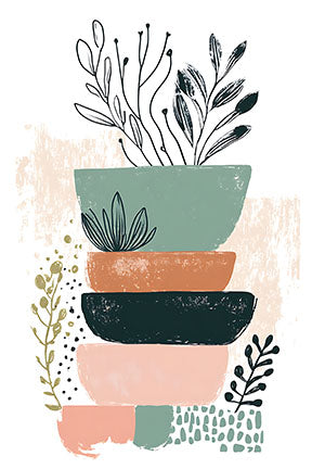 Wadi Home Abstract Botanical Stacked Bowls Wall Art with green, coral, navy, and pink bowls and botanical line art.