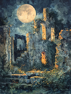 Wadi Home Moonlit Ruins wall art depicts ancient stone ruins illuminated by a large full moon, with overgrown greenery and dramatic lighting.