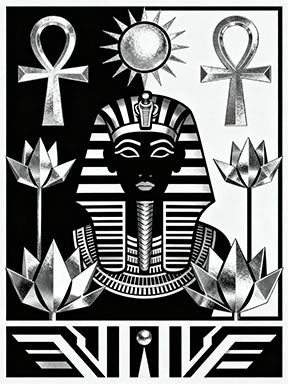 Wadi Home black and white graphic art print of an Ancient Egyptian pharaoh wearing a nemes headdress, flanked by ankh symbols and lotus flowers.