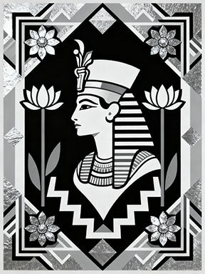 Wadi Home Egyptian Queen portrait wall art in black, white, and silver with lotus flowers and geometric patterns.