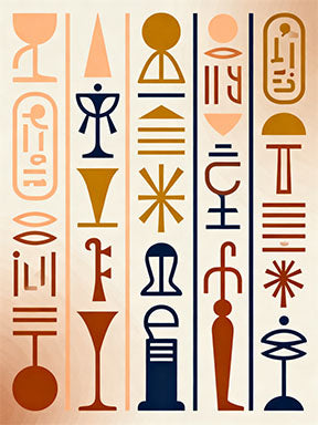 Wadi Home abstract Egyptian hieroglyphic wall art in terracotta, ochre, and navy blue. Modern design.