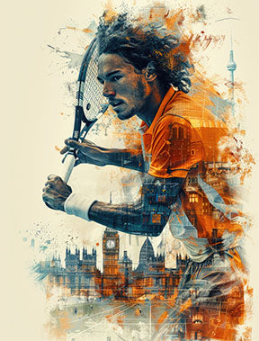 Wadi Home abstract tennis player artwork with orange shirt and cityscape background. Dynamic art for modern decor.