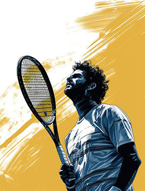 Wadi Home tennis player artwork in blue and yellow, graphic style, featuring a male player with racket.