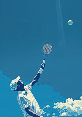 Wadi Home tennis player serving artwork in graphic style, blue sky and clouds, minimalist color palette.