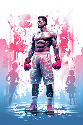 Wadi Home artwork of a muscular boxer in pink gloves and white shorts, with abstract pink and blue paint splatters.