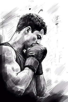 Wadi Home black and white sketch-style wall art of a boxer in contemplation, gloved hands clasped near face.