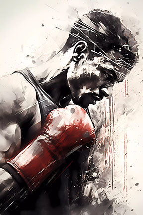 Wadi Home art print of a boxer in red gloves, head down in thought, watercolor and ink style with black, white, and red.
