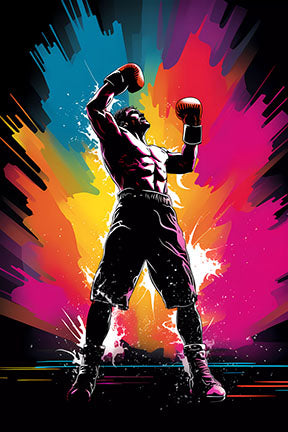 Wadi Home Victory Boxer abstract art print with vibrant blues, yellows, and pinks. Features a triumphant boxer in a dynamic pose.
