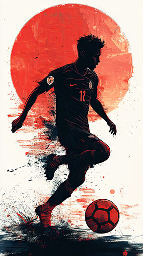 Wadi Home dynamic soccer player silhouette art, black silhouette against red sun, abstract splashes, football art.