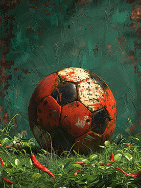 Wadi Home vintage soccer ball art with red and black panels, surrounded by green grass and red chili peppers.