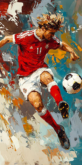 Wadi Home dynamic soccer player action painting in red and white uniform, vibrant brushstrokes, athletic art.