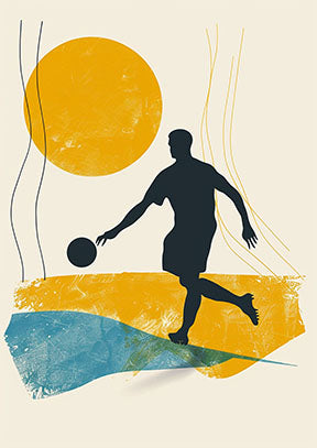 Wadi Home abstract soccer player wall art, dark silhouette in action with yellow sun and blue textured shapes.