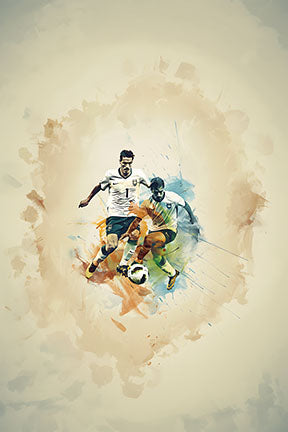 Wadi Home dynamic soccer action watercolor print featuring two players battling for the ball, abstract background.