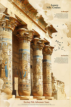 Wadi Home ancient Egyptian temple columns wall art with hieroglyphs in warm earthy tones. Features text for Luxury Nile Cruises.