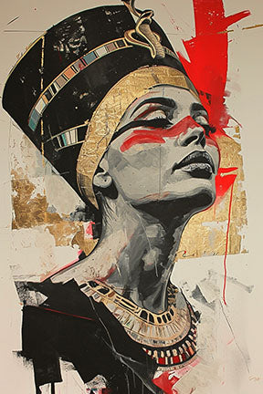 Wadi Home Nefertiti regal portrait wall art, abstract Egyptian queen in black, gold, and red with bold brushstrokes and textural details.