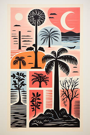 Wadi Home Tropical Landscape Collage Wall Art featuring palm trees, exotic flora, and a crescent moon in a sunset palette.