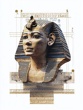 Wadi Home Ancient Egyptian Pharaoh portrait wall art with gold and blue headdress and hieroglyphs.