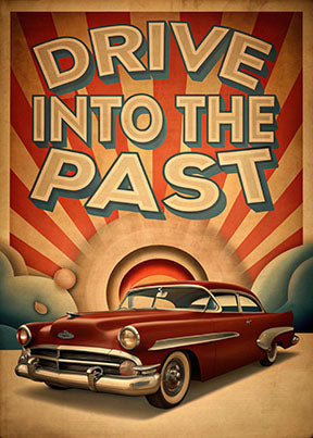 Wadi Home vintage car poster featuring a cherry-red classic automobile with
