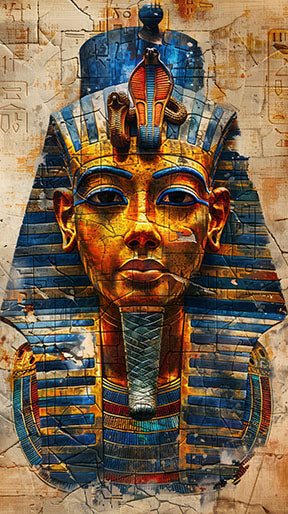 Wadi Home Ancient Egyptian Pharaoh portrait wall art with gold, blue, and red headdress and hieroglyphic background.