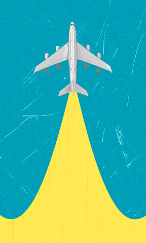 Wadi Home airplane ascending artwork with yellow contrail on blue textured background, framed with MDF and glass.