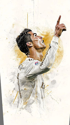 Wadi Home soccer player celebration art print, watercolor style, white and gold tones, dynamic action pose.
