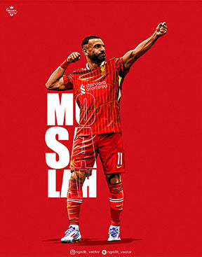 Wadi Home art print of Mohamed Salah in his red Liverpool kit, striking a pose against a bold red background. Features his name in large white lettering.