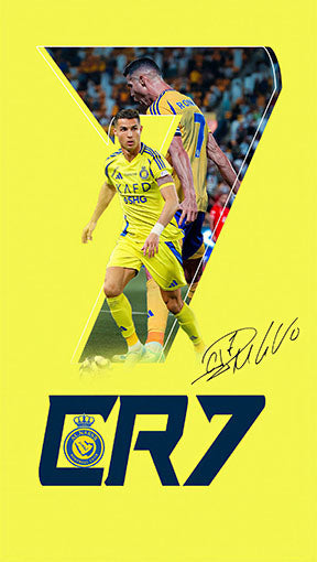 Wadi Home Cristiano Ronaldo CR7 football player poster with dynamic action imagery and bold CR7 graphic on a vibrant yellow background.