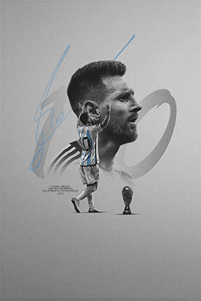 Wadi Home framed wall art featuring Lionel Messi in his Argentina jersey, with his signature and a trophy graphic. Minimalist design.