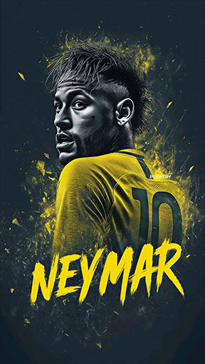 Wadi Home dynamic sports portrait wall art featuring Neymar in a yellow jersey with dark abstract background. High-quality print.