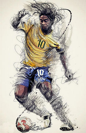 Wadi Home dynamic soccer player sketch wall art, yellow jersey, blue shorts, textured background, modern flair.