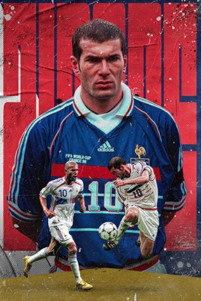 Wadi Home vintage poster of Zinedine Zidane in France's blue football kit, dribbling a ball. Dynamic action artwork.