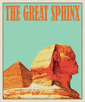 Wadi Home vintage travel poster of the Great Sphinx and pyramid against a turquoise sky. Retro design.