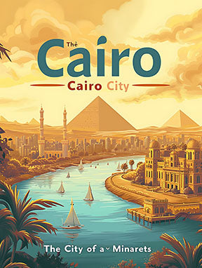 Wadi Home vintage travel poster of Cairo City featuring the Pyramids and Nile River with sailboats. Warm, golden sky.