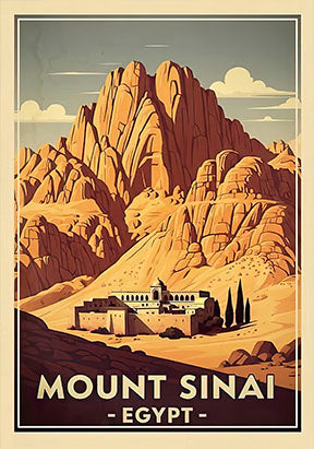 Wadi Home vintage Mount Sinai Egypt travel poster featuring desert mountains and a monastery.