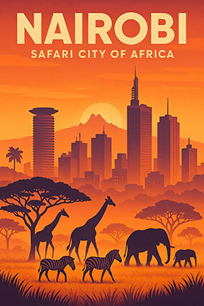 Wadi Home Nairobi "Safari City of Africa" poster featuring a vibrant sunset over the skyline with silhouetted giraffes, zebras, and elephants.