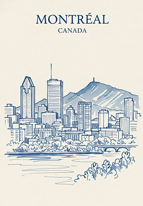 Wadi Home Montreal Canada skyline sketch art print with blue line drawing of city and Mount Royal.