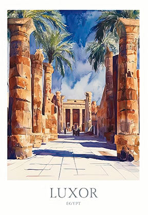 Wadi Home Luxor Egypt watercolor print featuring ancient columns and palm trees. Warm earthy tones and vibrant blues.