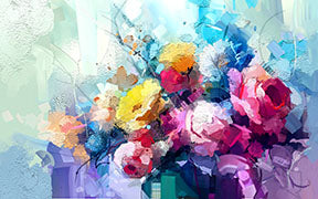 Wadi Home vibrant floral impressionist canvas art with pink, yellow, and blue flowers. Expressive painterly style.