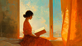 Wadi Home wall art: Woman in orange dress reading by window with blue sky and orange curtains.