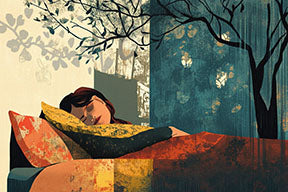 Wadi Home wall art depicting a person sleeping peacefully amongst stylized trees in warm oranges, yellows, blues, and greens.