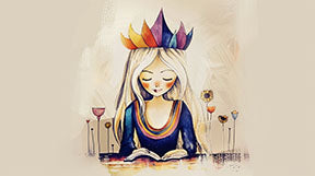 Wadi Home crowned reader wall art, watercolor style, young girl with colorful crown reading a book, serene and imaginative decor.