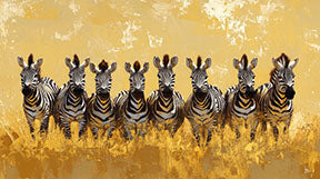Wadi Home Zebras in Golden Field Wall Art, a row of zebras in a textured golden field.